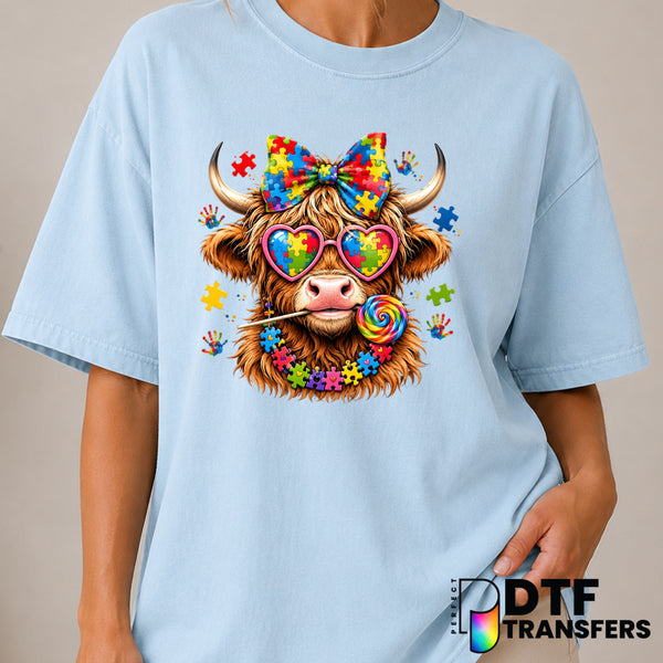 Highland Cow Puzzle – Autism Awareness DTF Transfer (view 1 of 2) – by Perfect DTF Transfers – Premade DTF Transfers – Aut...