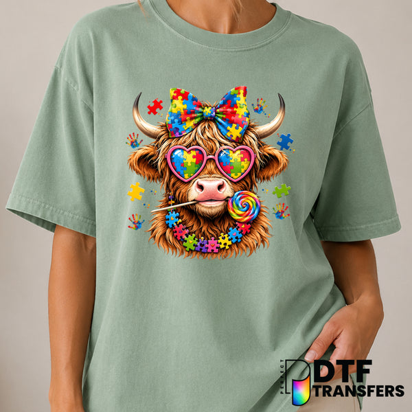 Highland Cow Puzzle – Autism Awareness DTF Transfer (view 2 of 2) – by Perfect DTF Transfers – Premade DTF Transfers – Aut...