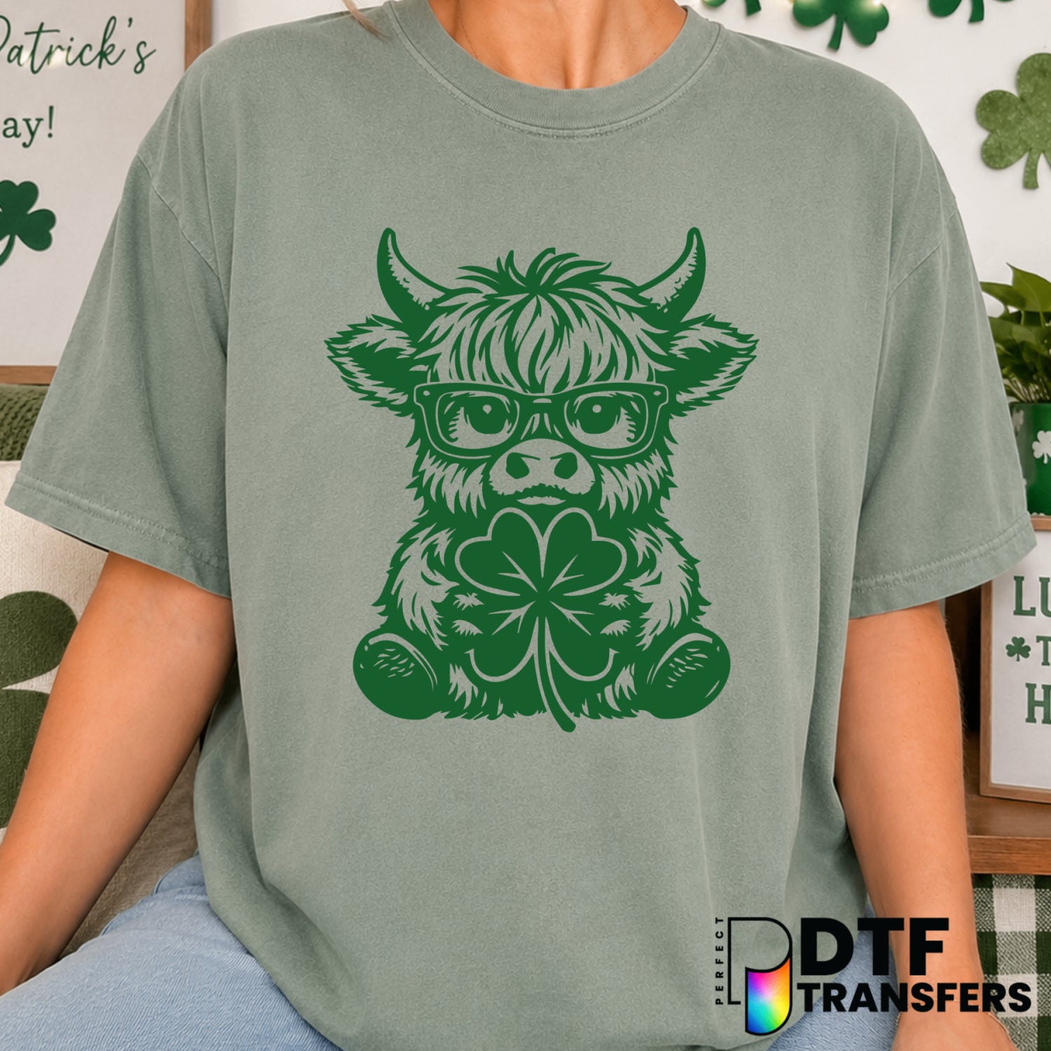 Highland Cow Shamrock – St. Patrick's Day DTF Transfer (view 1 of 2) – by Perfect DTF Transfers – Premade DTF Transfers –...