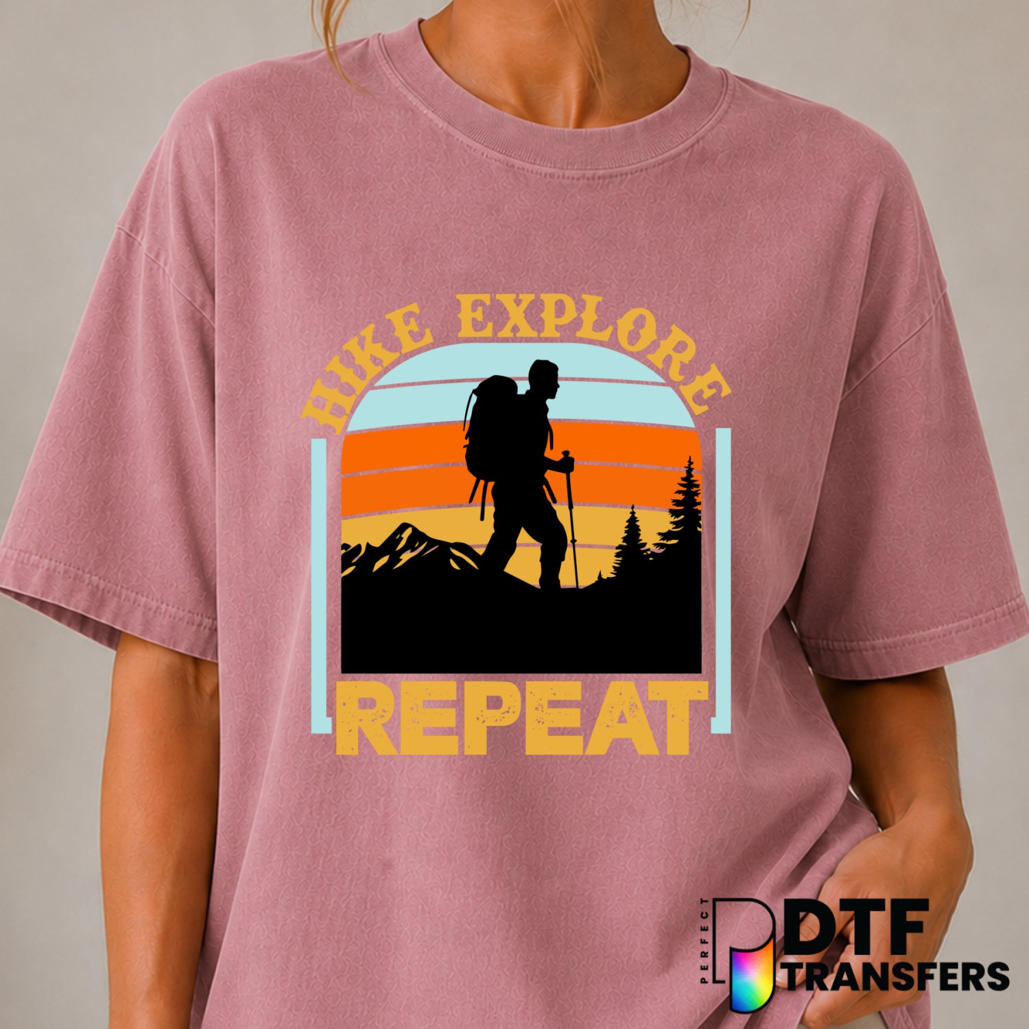 HIKE EXPLORE REPEAT – Hiking DTF Transfer (view 1 of 2) – by Perfect DTF Transfers – Premade DTF Transfers – Hiking, Outdoor