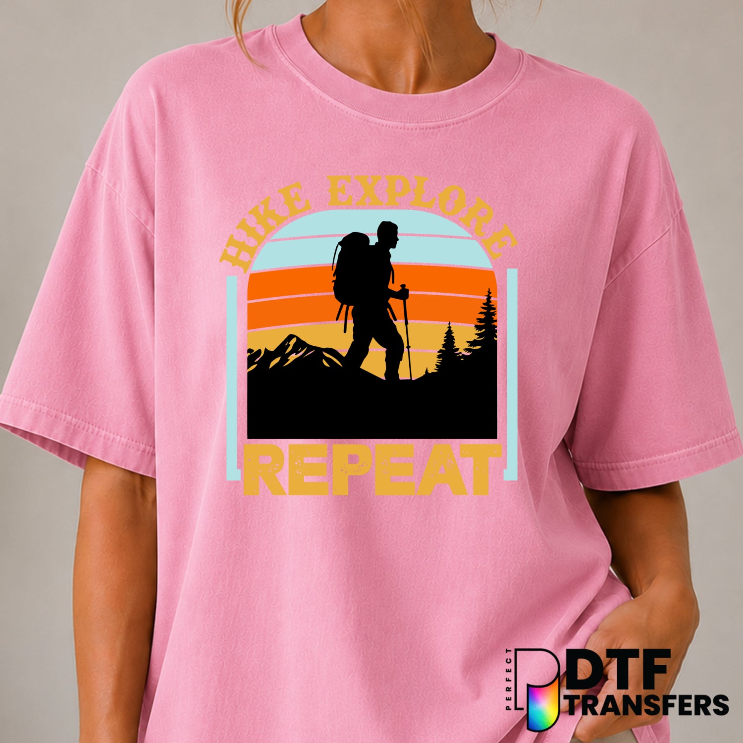 HIKE EXPLORE REPEAT – Hiking DTF Transfer (view 2 of 2) – by Perfect DTF Transfers – Premade DTF Transfers – Hiking, Outdoor