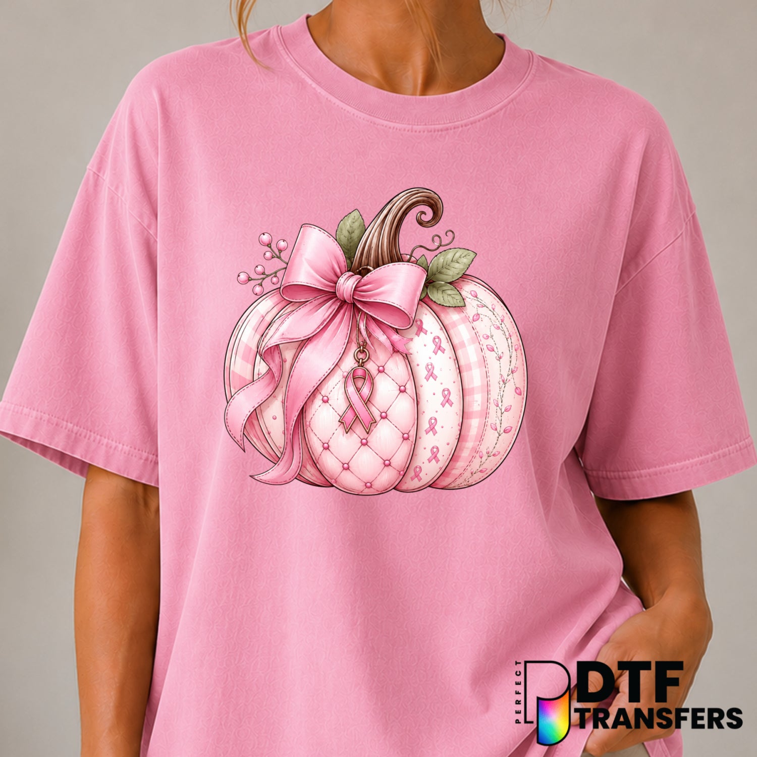 Hope Pink Pumpkin Ribbon – Cancer Awareness DTF Transfer (view 2 of 2) – by Perfect DTF Transfers – Premade DTF Transfers...