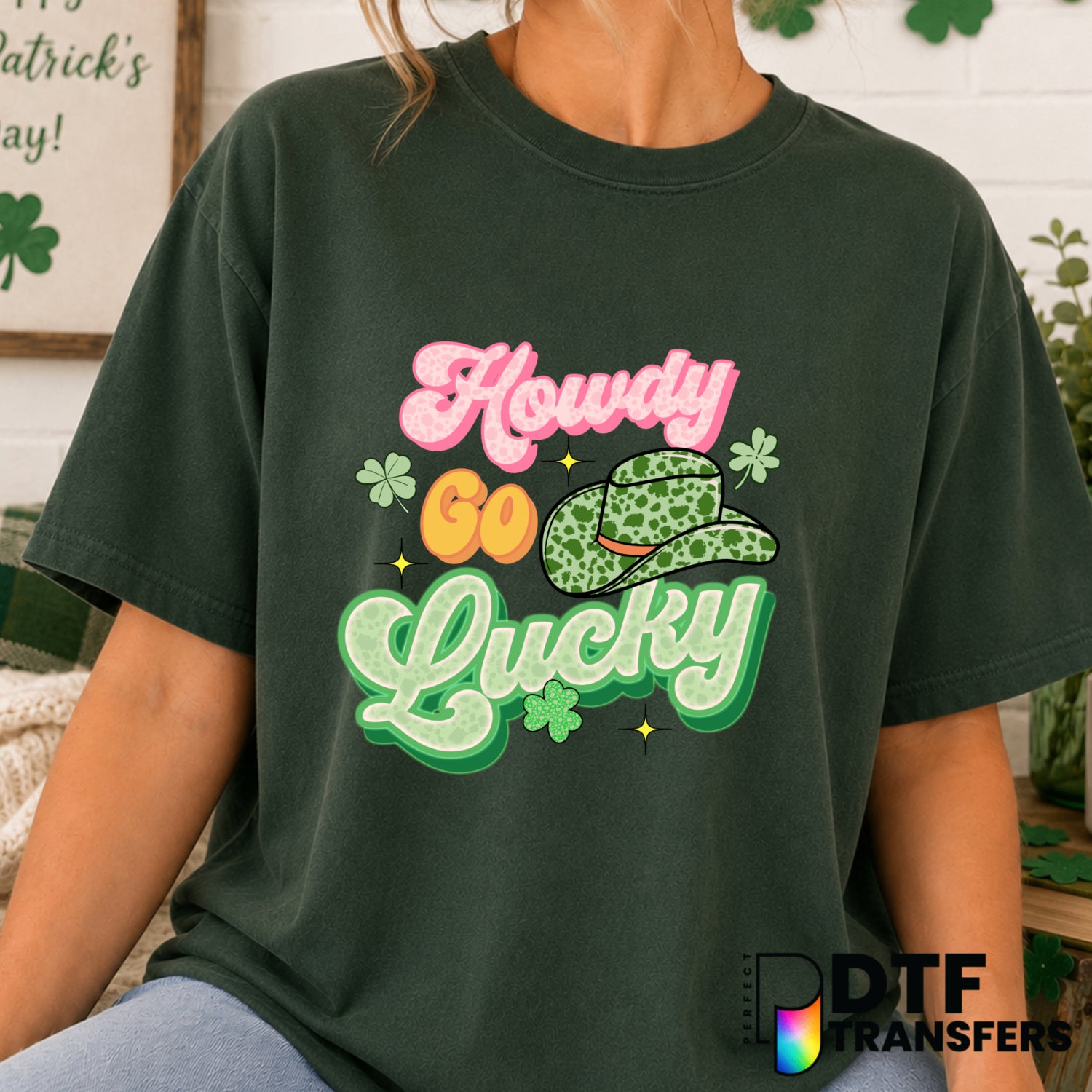 Howdy Go Lucky Western Clover St Patrick's Day – DTF Transfer (view 2 of 2) – by Perfect DTF Transfers – Premade DTF Trans...