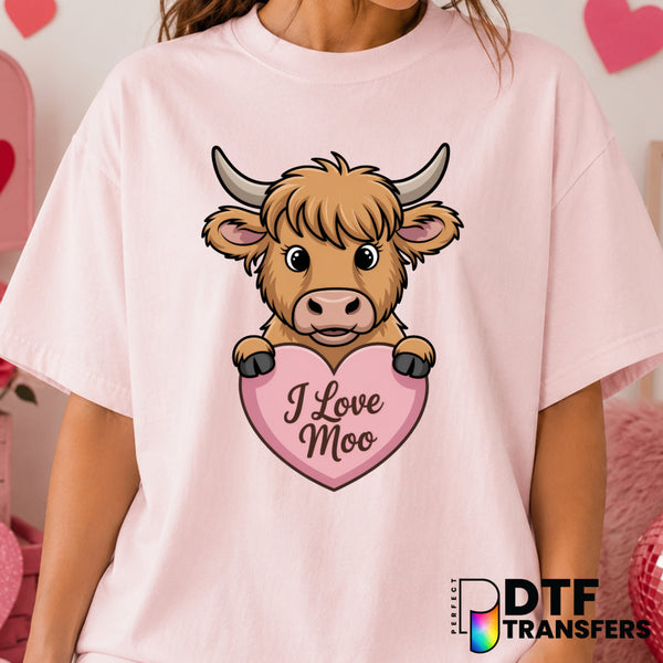 I Love Moo Highland Cow – Valentine's Day DTF Transfer (view 1 of 2) – by Perfect DTF Transfers – Premade DTF Transfers –...