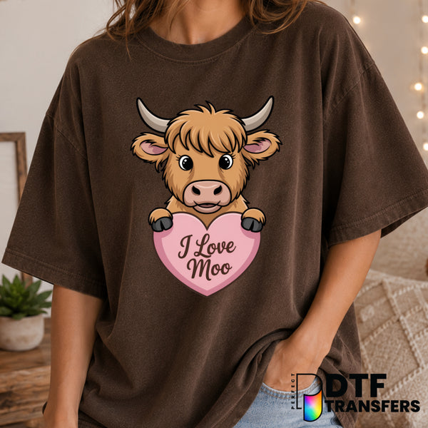I Love Moo Highland Cow – Valentine's Day DTF Transfer (view 2 of 2) – by Perfect DTF Transfers – Premade DTF Transfers –...