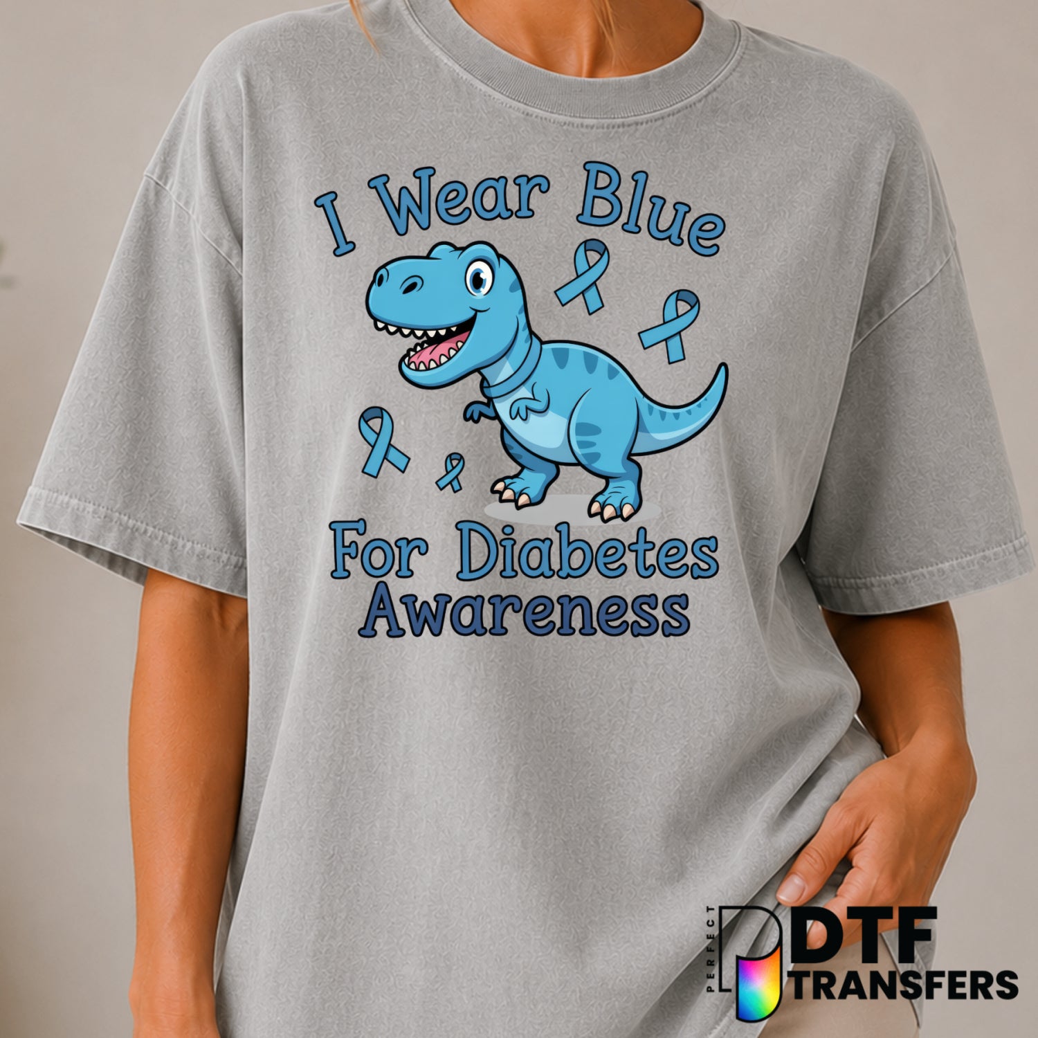 I Wear Blue for Diabetes Awareness Dinosaur – DTF Transfer (view 1 of 2) – by Perfect DTF Transfers – Premade DTF Transfer...