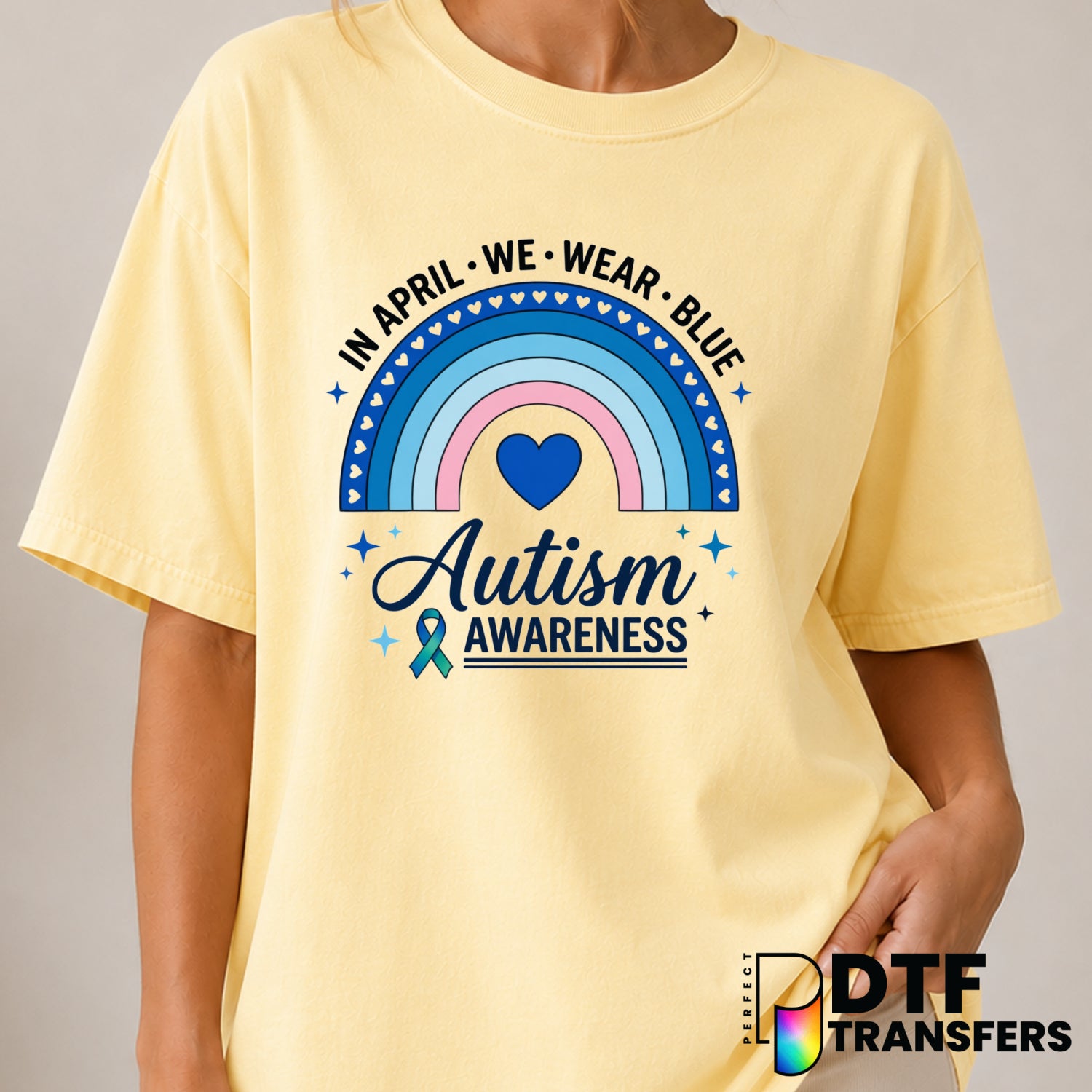 In April We Wear Blue Rainbow Neurodiversity Autism Awareness – Autism Awareness DTF Transfer (view 2 of 2) – by Perfect D...
