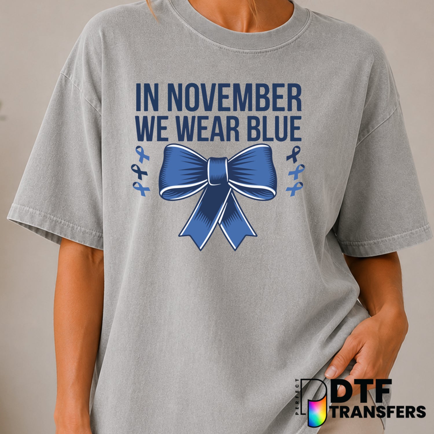 In November We Wear Blue Coquette Bow – Diabetes Awareness DTF Transfer (view 2 of 2) – by Perfect DTF Transfers – Premade...