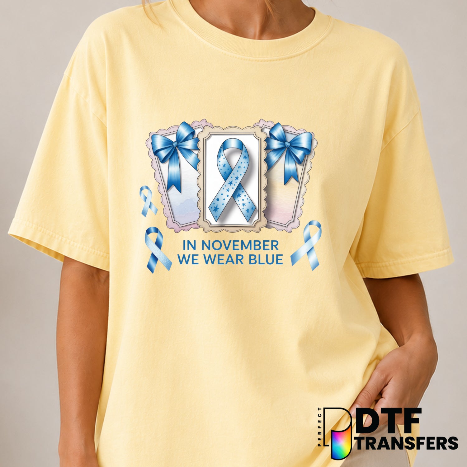 In November We Wear Blue Coquette Ribbon Bows – Diabetes Awareness DTF Transfer (view 1 of 2) – by Perfect DTF Transfers –...