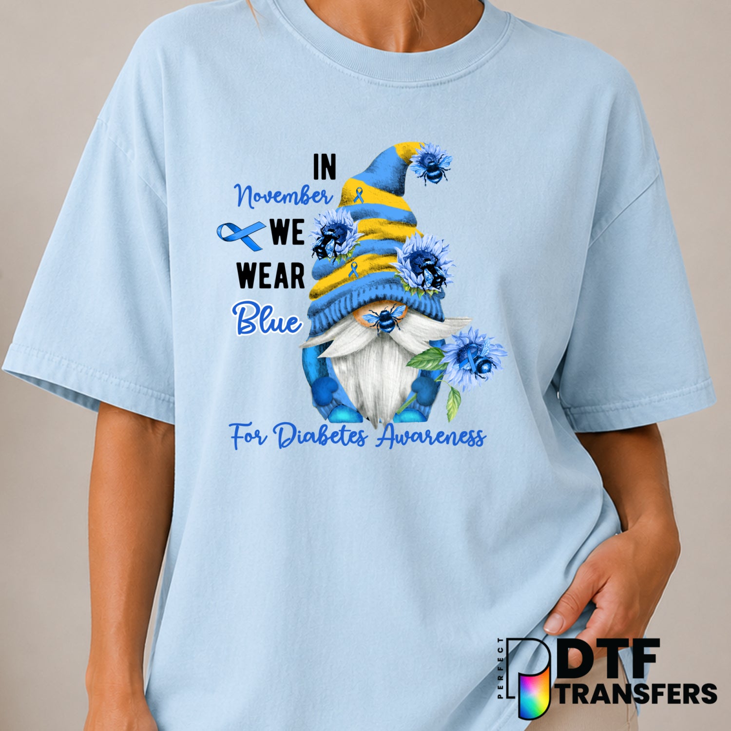 In November We Wear Blue Gnome Floral – Diabetes Awareness DTF Transfer (view 1 of 2) – by Perfect DTF Transfers – Premade...