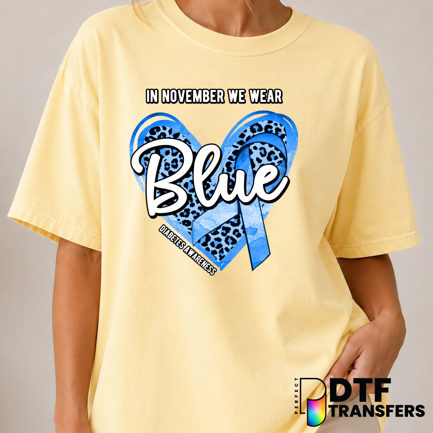In November We Wear Blue Heart Leopard Watercolor Ribbon – Diabetes Awareness DTF Transfer (view 2 of 2) – by Perfect DTF...