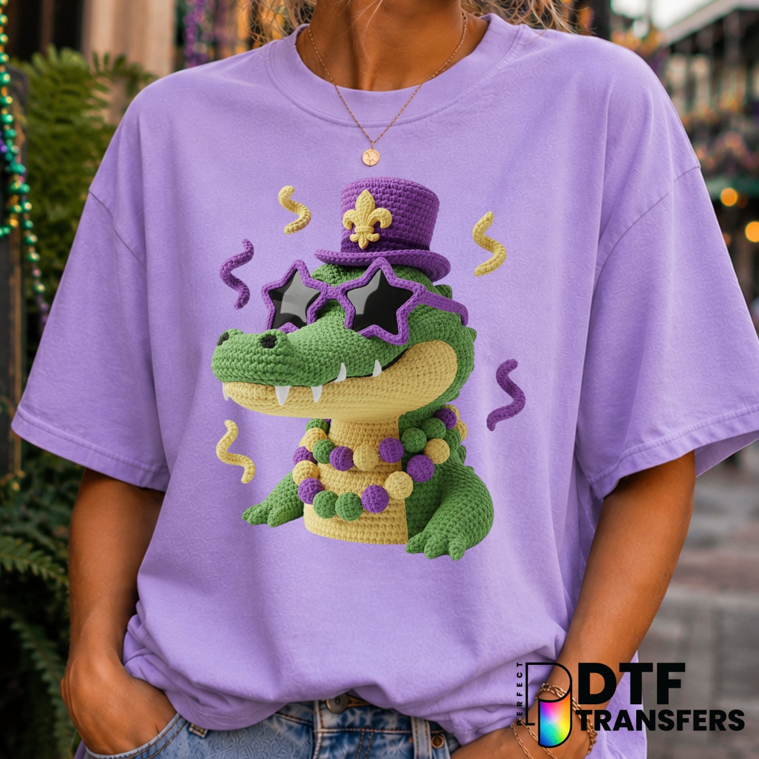 Jester Alligator with Beads – Mardi Gras DTF Transfer (view 1 of 2) – by Perfect DTF Transfers – Premade DTF Transfers – M...