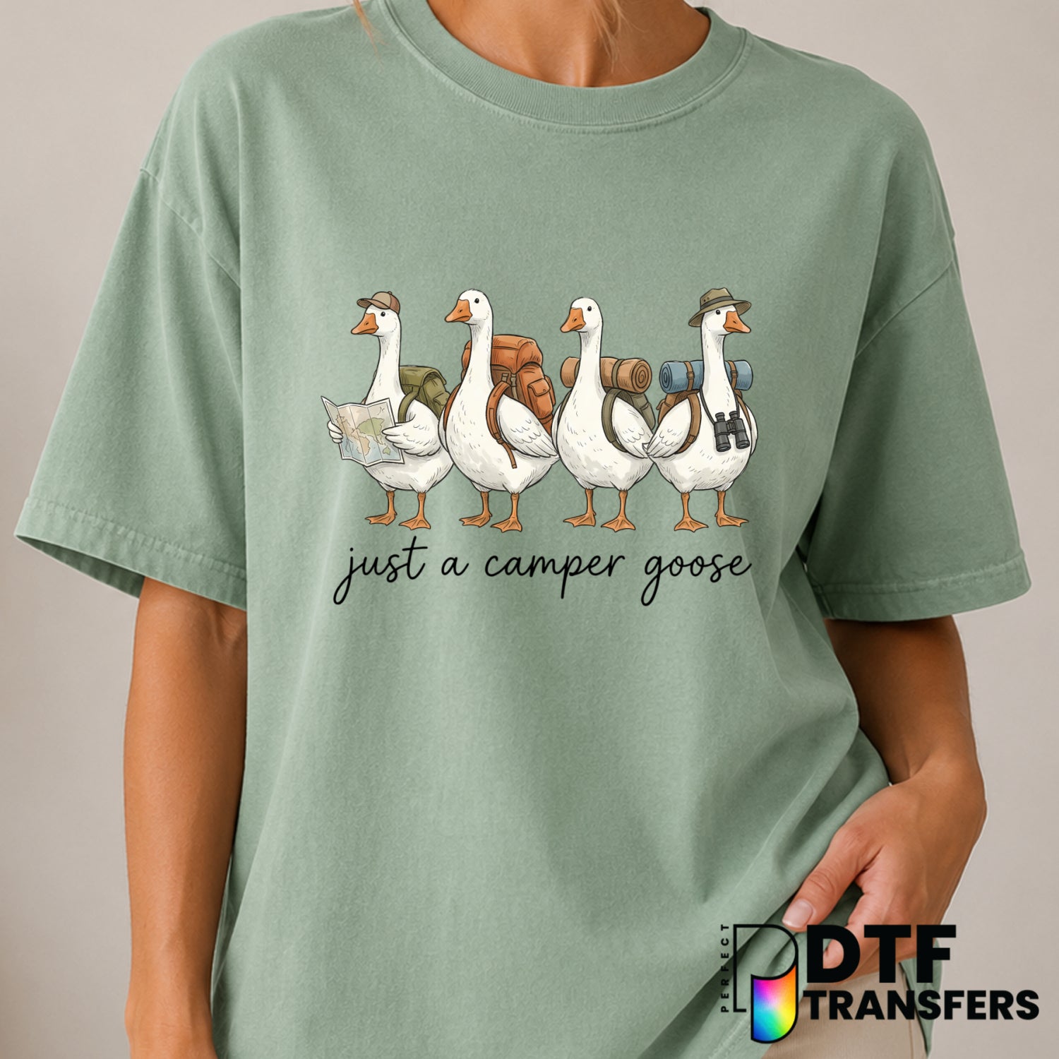 Just a camper who loves geese – Camping DTF Transfer (view 1 of 2) – by Perfect DTF Transfers – Premade DTF Transfers – Ca...