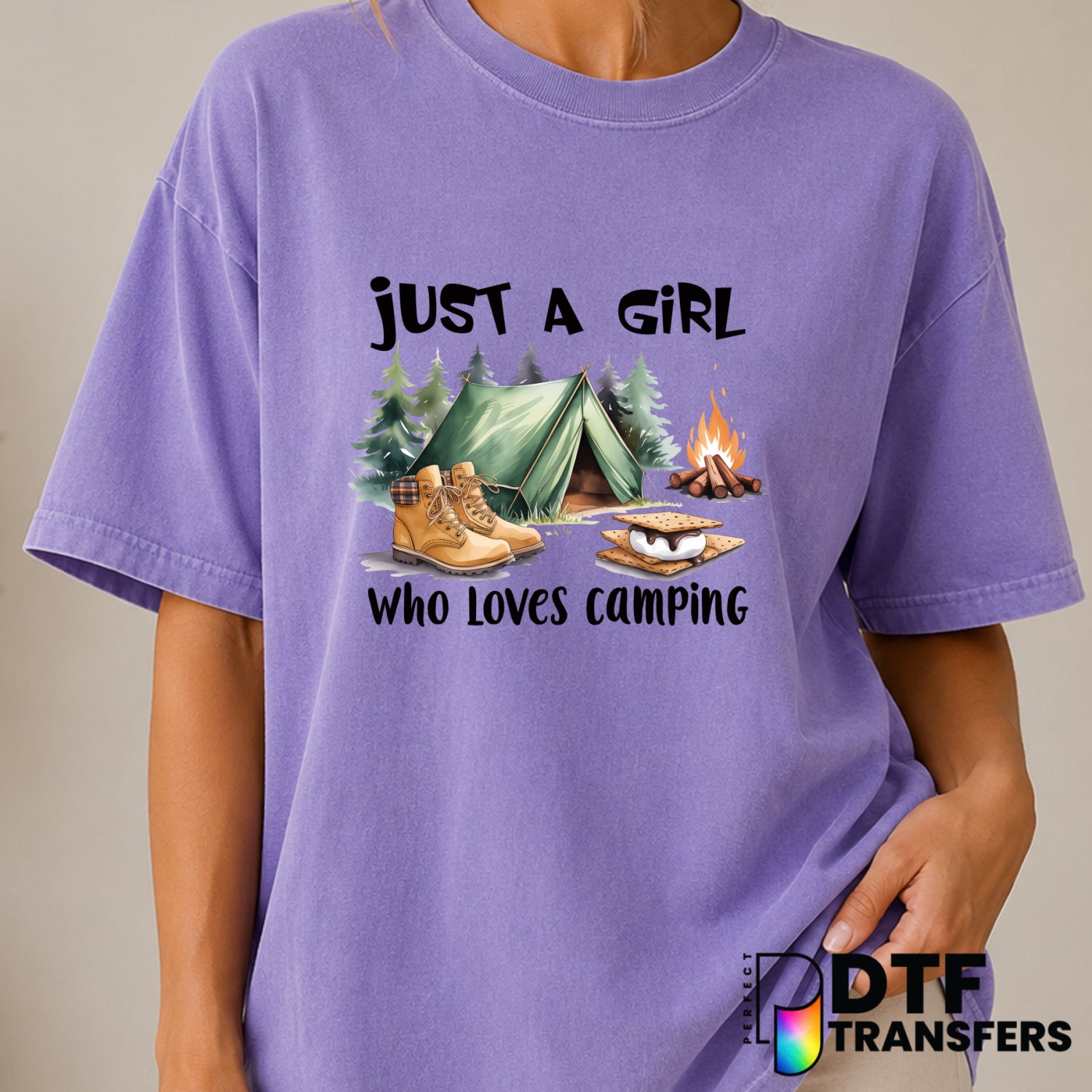 Just A Girl Who Loves Camping Camp Fire Smores – Camping DTF Transfer (view 1 of 2) – by Perfect DTF Transfers – Premade D...