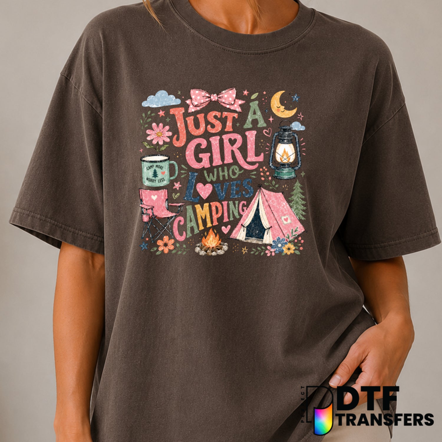 Just A Girl Who Loves Camping – Camping DTF Transfer (view 1 of 2) – by Perfect DTF Transfers – Premade DTF Transfers – Ca...