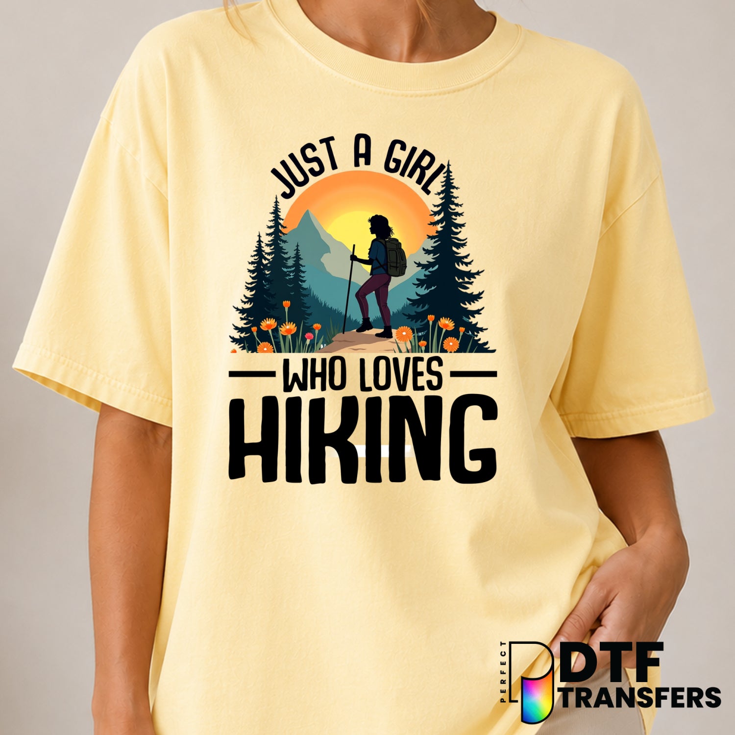Just A Girl Who Loves Hiking Outdoors – Hiking DTF Transfer (view 1 of 2) – by Perfect DTF Transfers – Premade DTF Transfe...