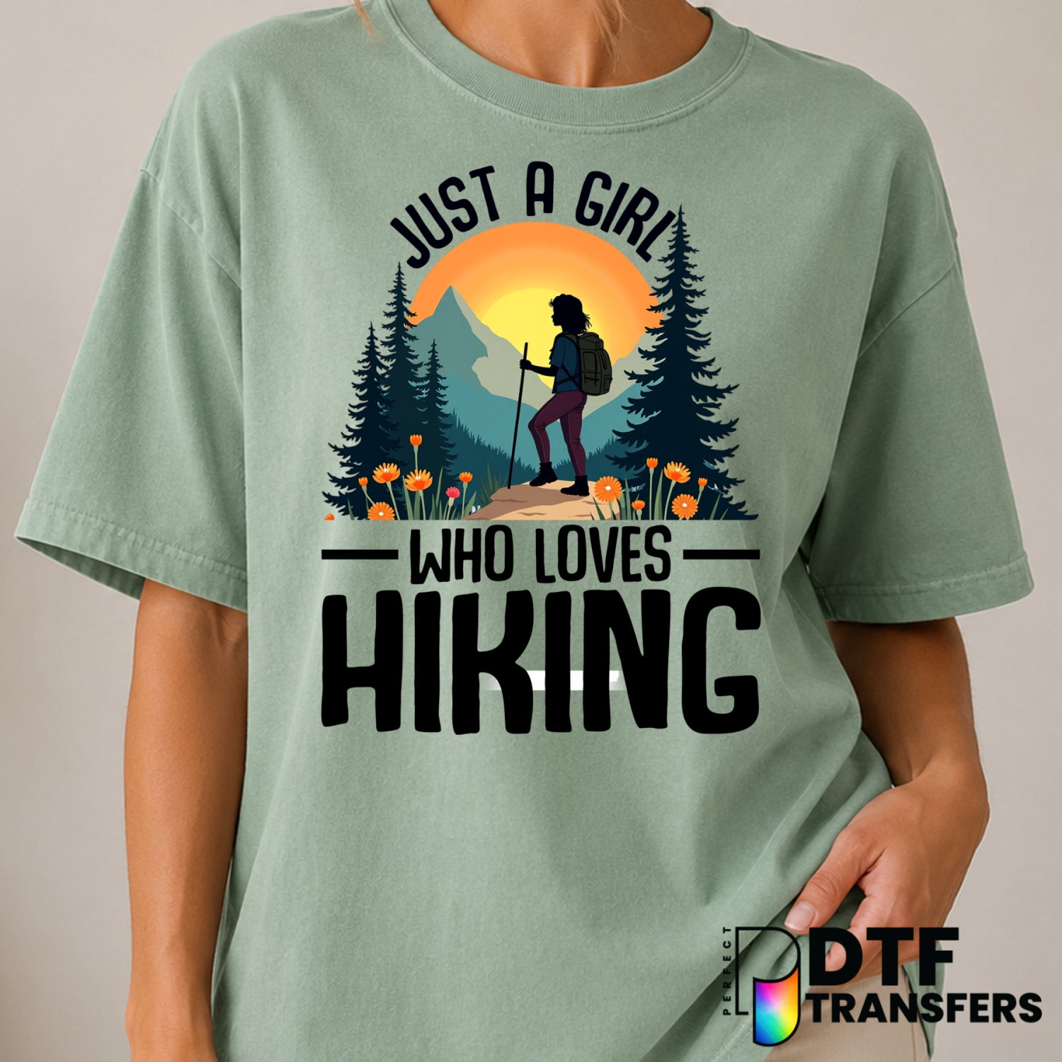 Just A Girl Who Loves Hiking Outdoors – Hiking DTF Transfer (view 2 of 2) – by Perfect DTF Transfers – Premade DTF Transfe...