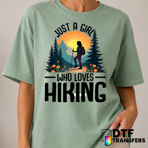 Just A Girl Who Loves Hiking Outdoors – Hiking DTF Transfer (view 2 of 2) – by Perfect DTF Transfers – Premade DTF Transfe...