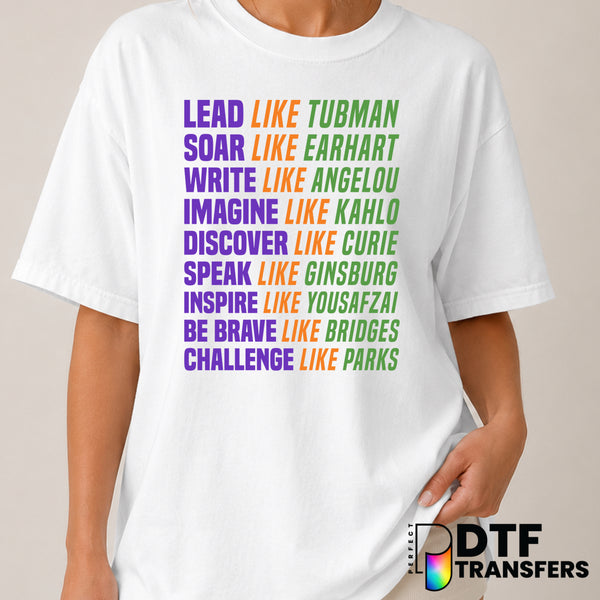 Lead Soar Write Imagine Discover Speak Inspire Be Brave Challenge Women Empowerment – DTF Transfer (view 2 of 2) – by Perf...