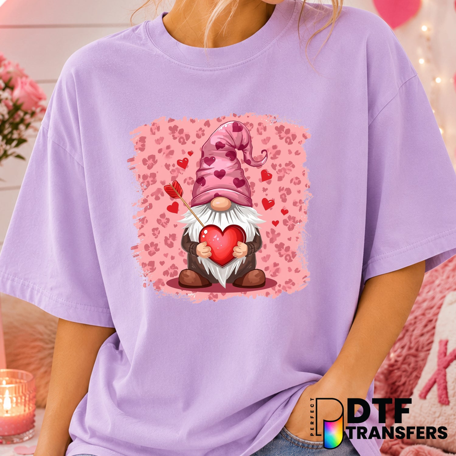 Leopard Gnome Heart – Valentine's Day DTF Transfer (view 1 of 2) – by Perfect DTF Transfers – Premade DTF Transfers – Vale...