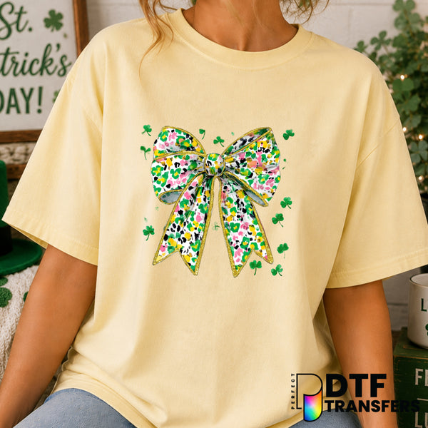 Leopard Print Shamrock with Coquette Bow – St. Patrick's Day DTF Transfer (view 2 of 2) – by Perfect DTF Transfers – Prema...