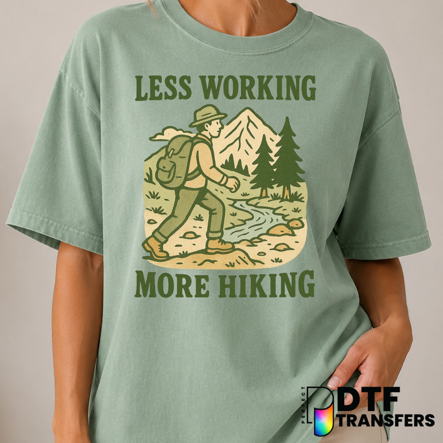 Less Working More Hiking Trails Mountains River Backpacking – Hiking DTF Transfer (view 2 of 2) – by Perfect DTF Transfers...