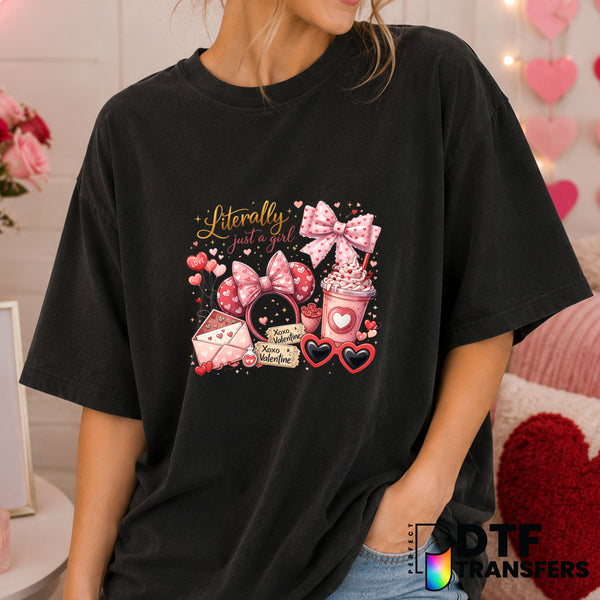 Literally Just a Girl Valentine's Day Coffee Coquette Hearts DTF Transfer (view 1 of 2) – by Perfect DTF Transfers – Prema...