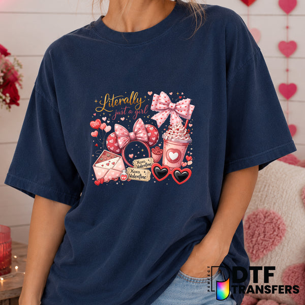 Literally Just a Girl Valentine's Day Coffee Coquette Hearts DTF Transfer (view 2 of 2) – by Perfect DTF Transfers – Prema...
