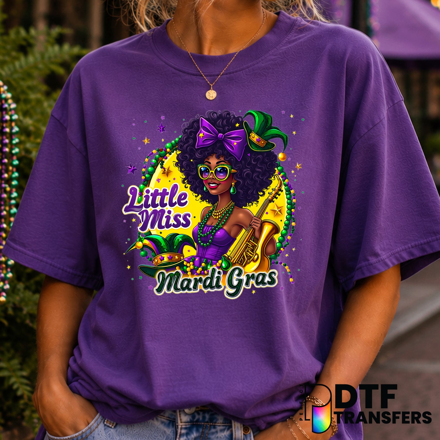 Little Miss Mardi Gras Jazz Carnival – Mardi Gras DTF Transfer (view 1 of 2) – by Perfect DTF Transfers – Premade DTF Tran...