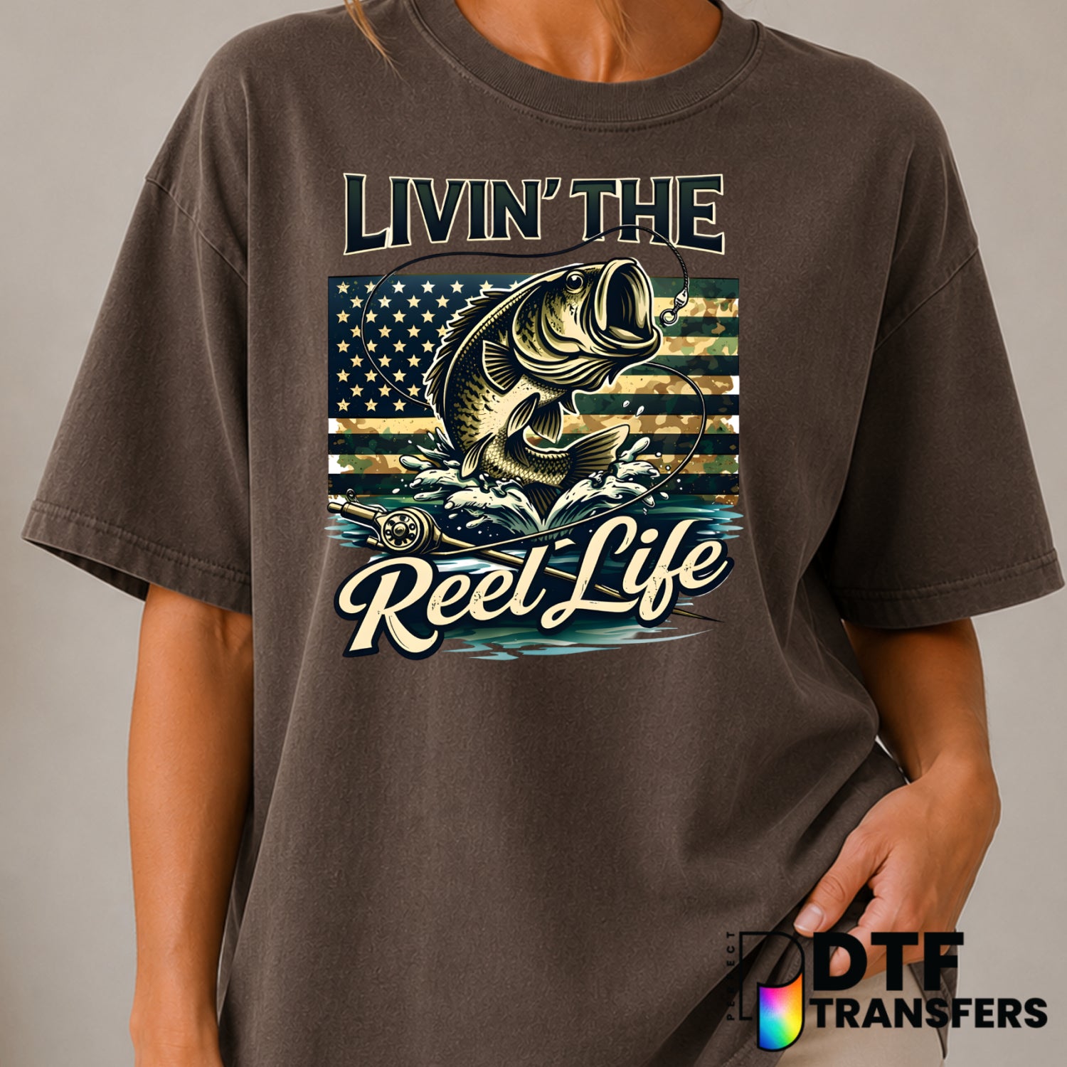 LIVIN' THE REEL LIFE – Fishing DTF Transfer (view 1 of 2) – by Perfect DTF Transfers – Premade DTF Transfers – Fishing, Ou...