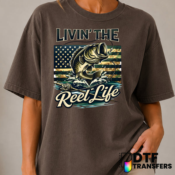 LIVIN' THE REEL LIFE – Fishing DTF Transfer (view 1 of 2) – by Perfect DTF Transfers – Premade DTF Transfers – Fishing, Ou...