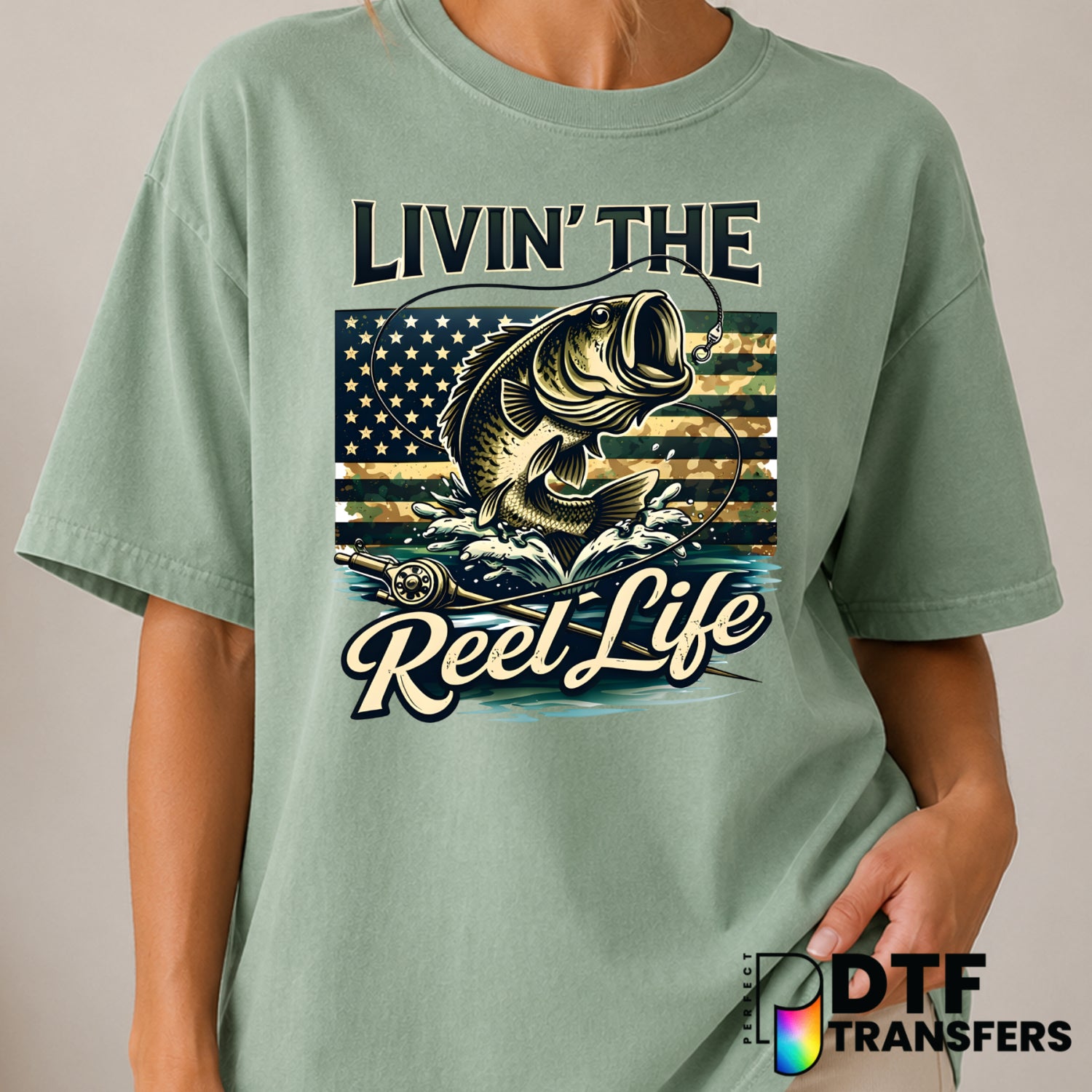 LIVIN' THE REEL LIFE – Fishing DTF Transfer (view 2 of 2) – by Perfect DTF Transfers – Premade DTF Transfers – Fishing, Ou...