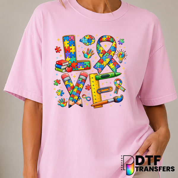 LOVE Colorful Puzzle Pieces – Autism Awareness DTF Transfer (view 1 of 2) – by Perfect DTF Transfers – Premade DTF Transfe...