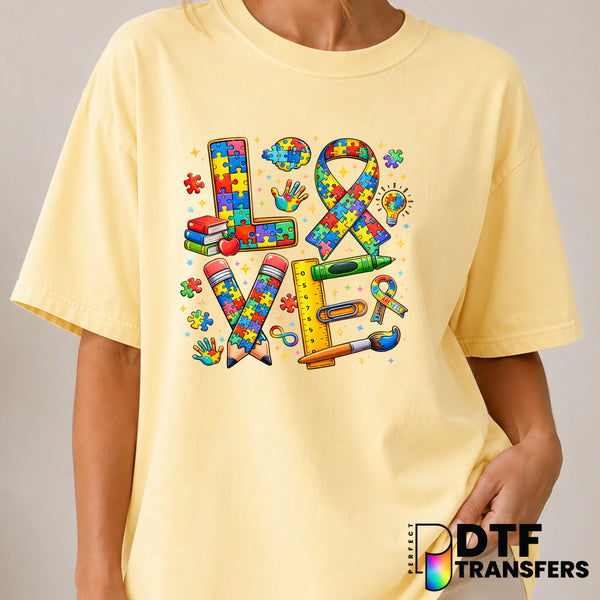 LOVE Colorful Puzzle Pieces – Autism Awareness DTF Transfer (view 2 of 2) – by Perfect DTF Transfers – Premade DTF Transfe...