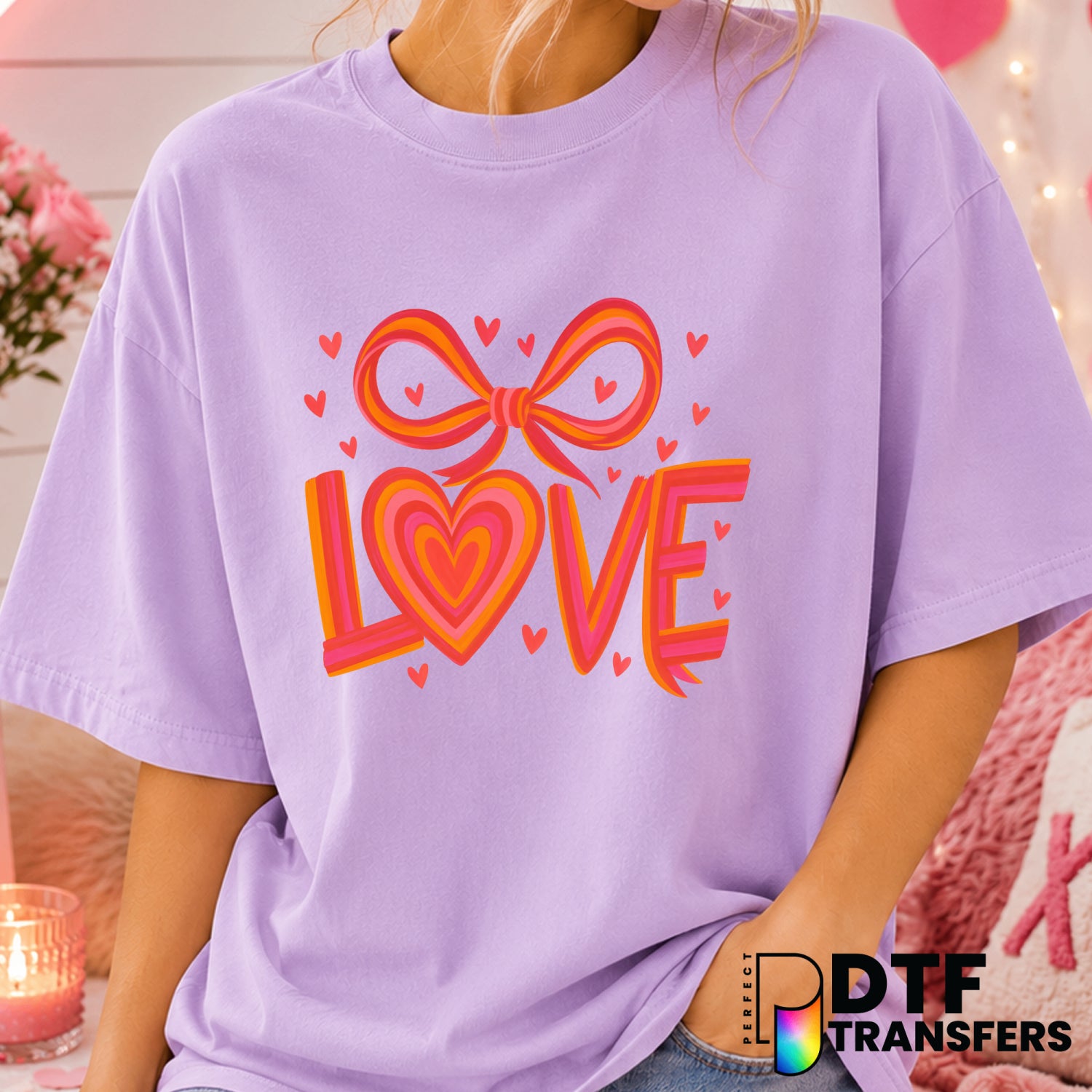 LOVE Coquette Bow – Valentine's Day DTF Transfer (view 1 of 2) – by Perfect DTF Transfers – Premade DTF Transfers – Valent...