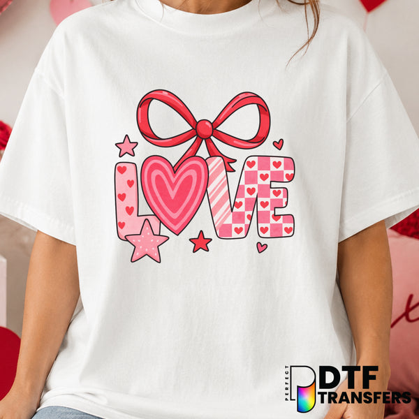 LOVE Coquette Pink Bow – Valentine's Day DTF Transfer (view 1 of 2) – by Perfect DTF Transfers – Premade DTF Transfers – V...
