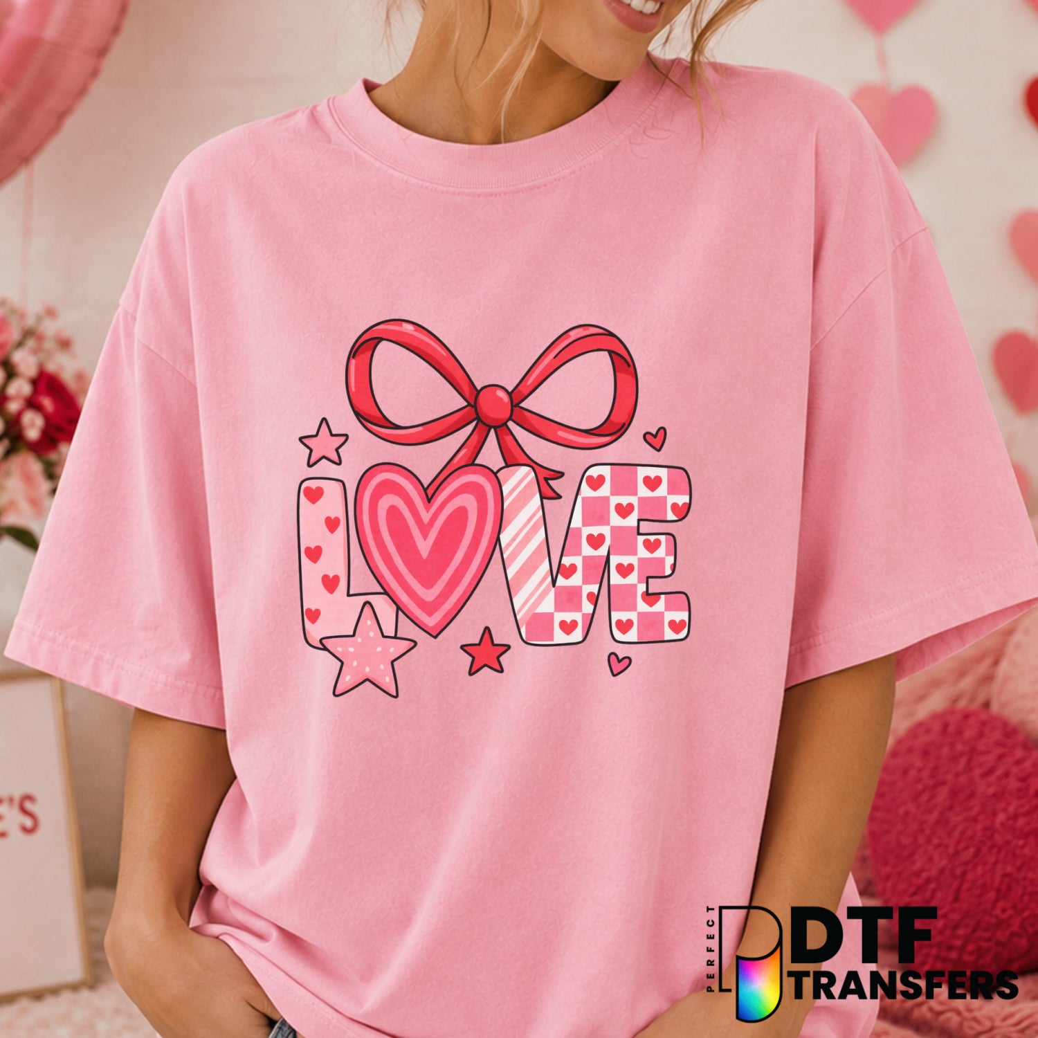 LOVE Coquette Pink Bow – Valentine's Day DTF Transfer (view 2 of 2) – by Perfect DTF Transfers – Premade DTF Transfers – V...