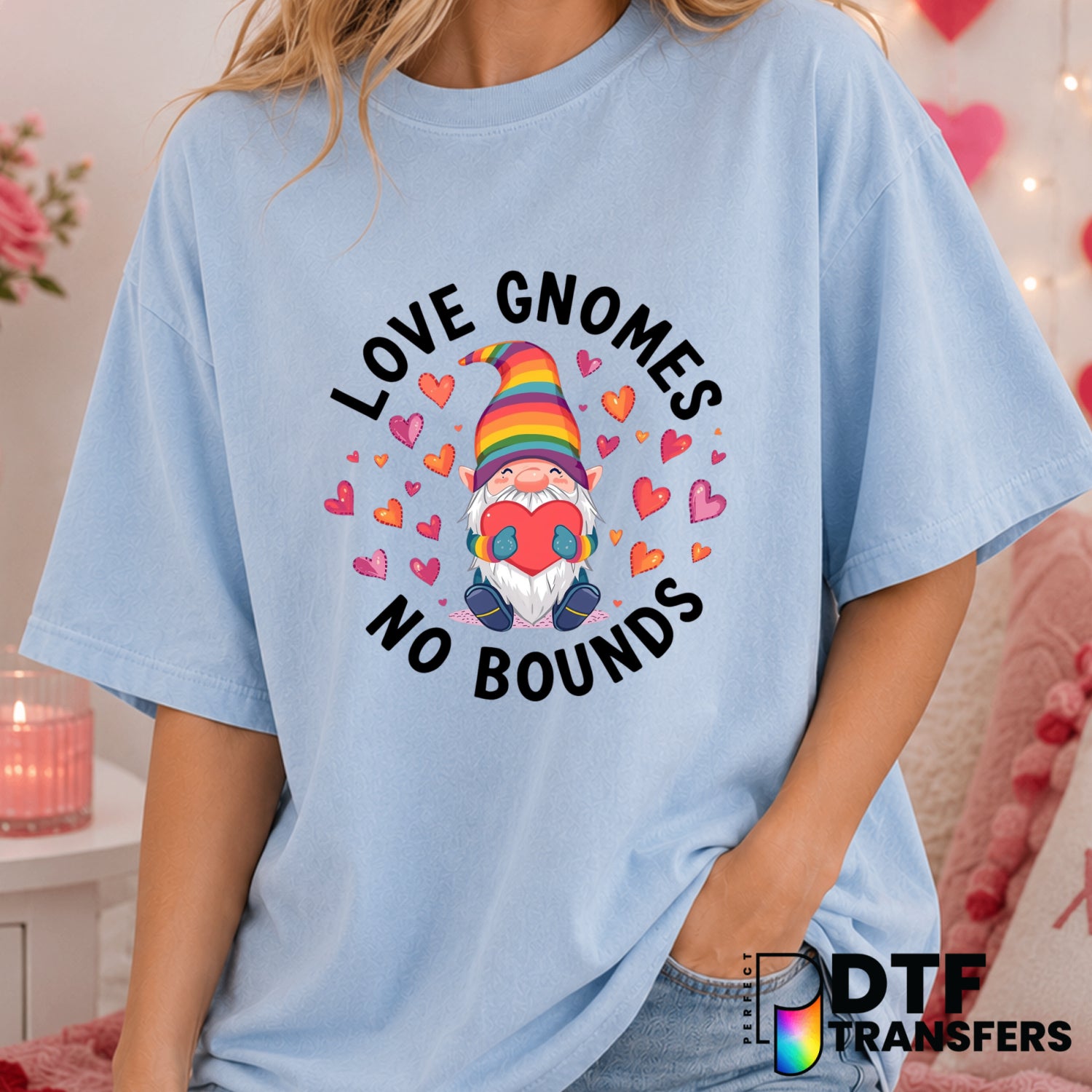 LOVE GNOMES NO BOUNDS – Valentine's Day DTF Transfer (view 1 of 2) – by Perfect DTF Transfers – Premade DTF Transfers – Va...