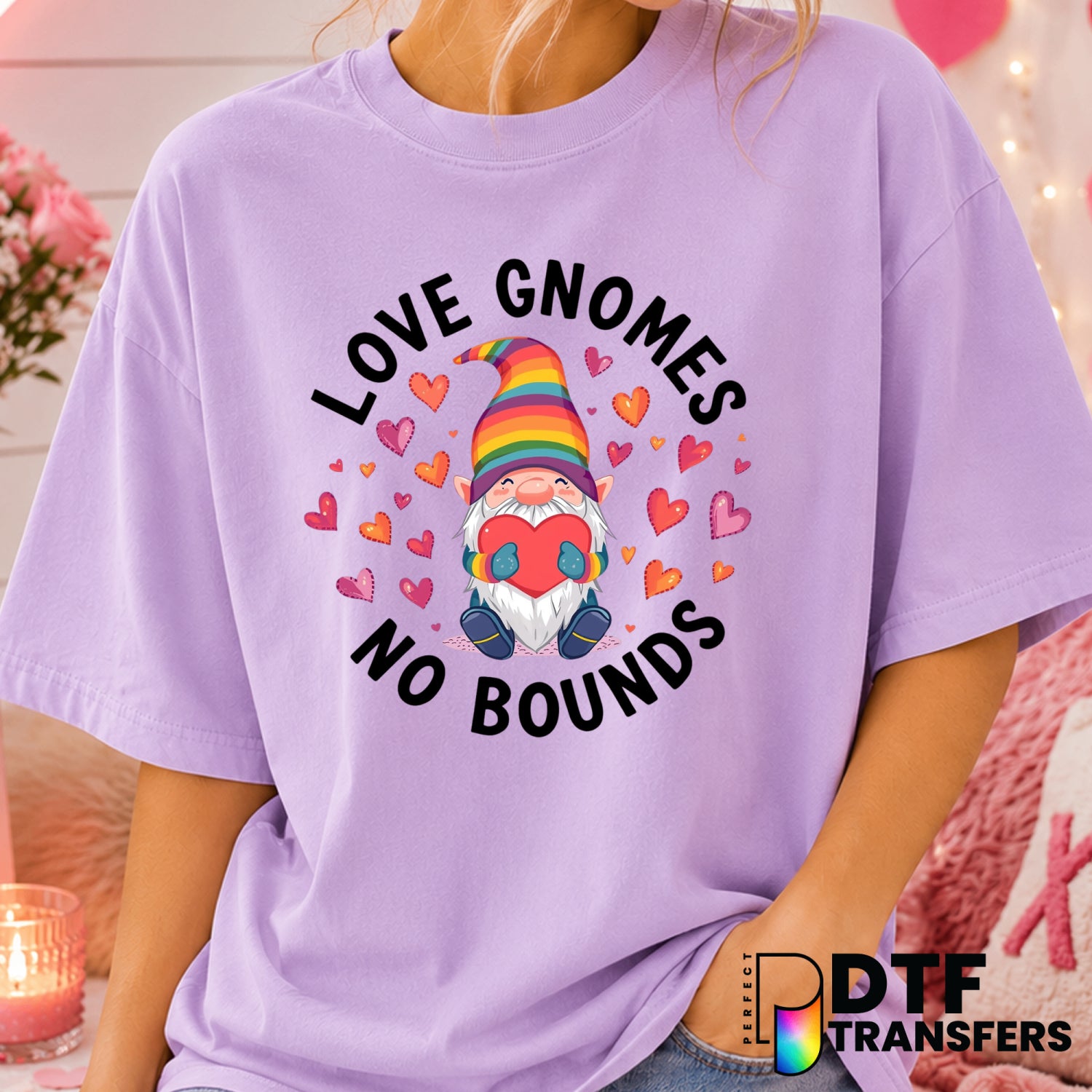 LOVE GNOMES NO BOUNDS – Valentine's Day DTF Transfer (view 2 of 2) – by Perfect DTF Transfers – Premade DTF Transfers – Va...