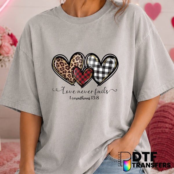 Love Never Fails – Valentine's Day DTF Transfer (view 1 of 2) – by Perfect DTF Transfers – Premade DTF Transfers – Valenti...