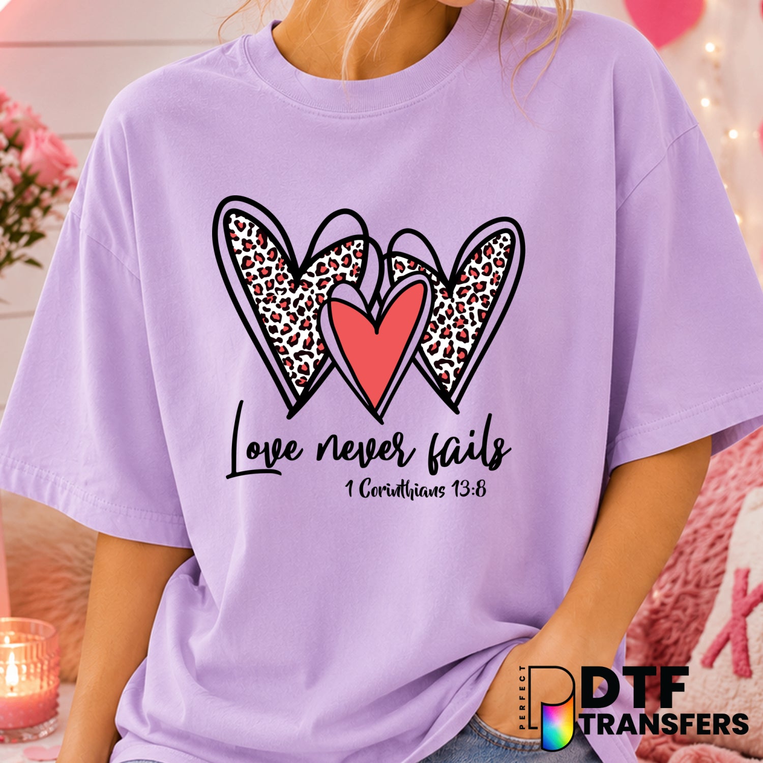 Love Never Fails – Valentine's Day DTF Transfer (view 2 of 2) – by Perfect DTF Transfers – Premade DTF Transfers – Valenti...