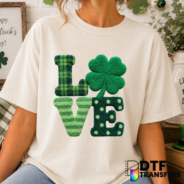 LOVE Shamrock Faux Yarn – St. Patrick's Day DTF Transfer (view 1 of 2) – by Perfect DTF Transfers – Premade DTF Transfers...