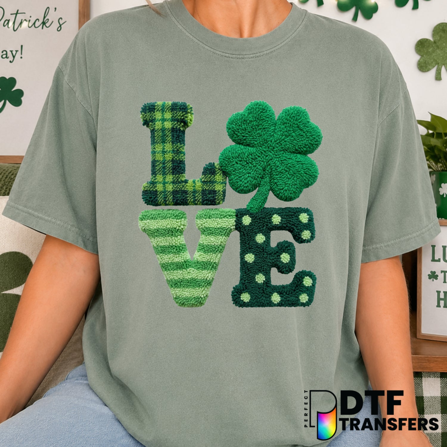 LOVE Shamrock Faux Yarn – St. Patrick's Day DTF Transfer (view 2 of 2) – by Perfect DTF Transfers – Premade DTF Transfers...