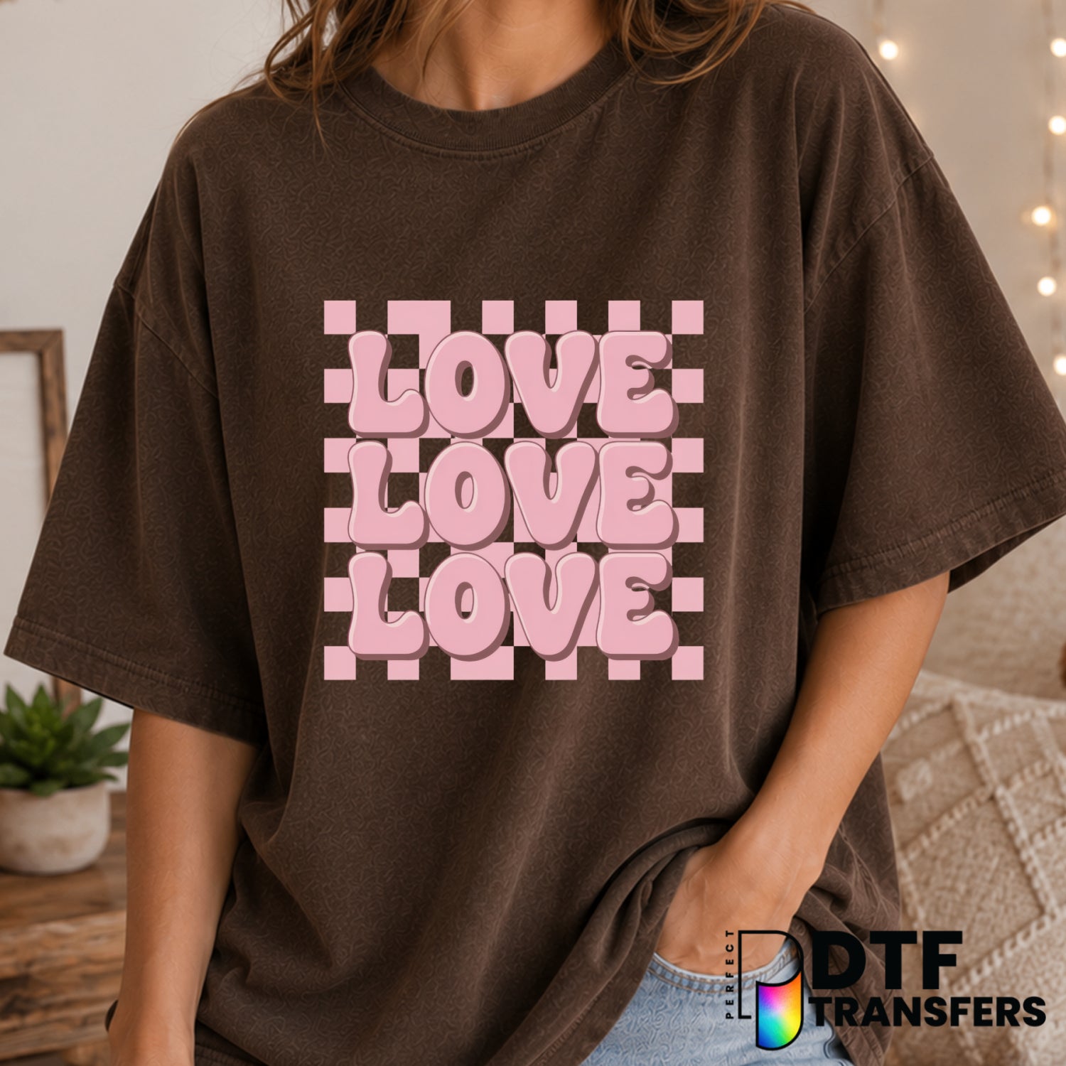 LOVE Stacked Retro Checkered – Valentine's Day DTF Transfer (view 2 of 2) – by Perfect DTF Transfers – Premade DTF Transfe...