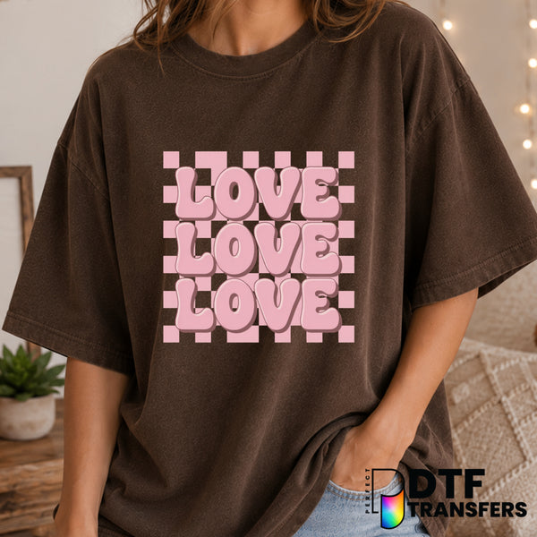 LOVE Stacked Retro Checkered – Valentine's Day DTF Transfer (view 2 of 2) – by Perfect DTF Transfers – Premade DTF Transfe...