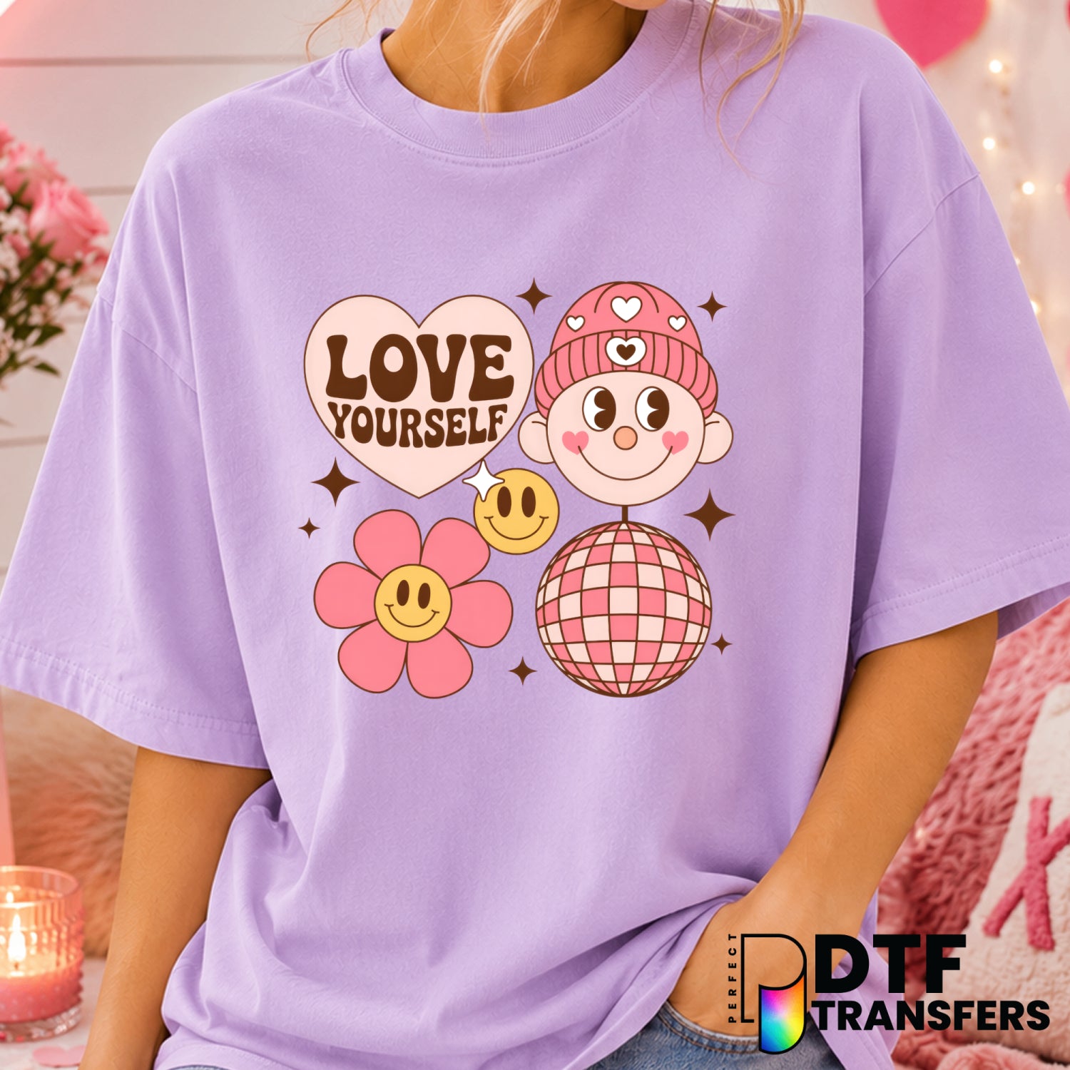 Love Yourself Disco Retro Floral Valentine's Day – DTF Transfer (view 1 of 2) – by Perfect DTF Transfers – Premade DTF Tra...