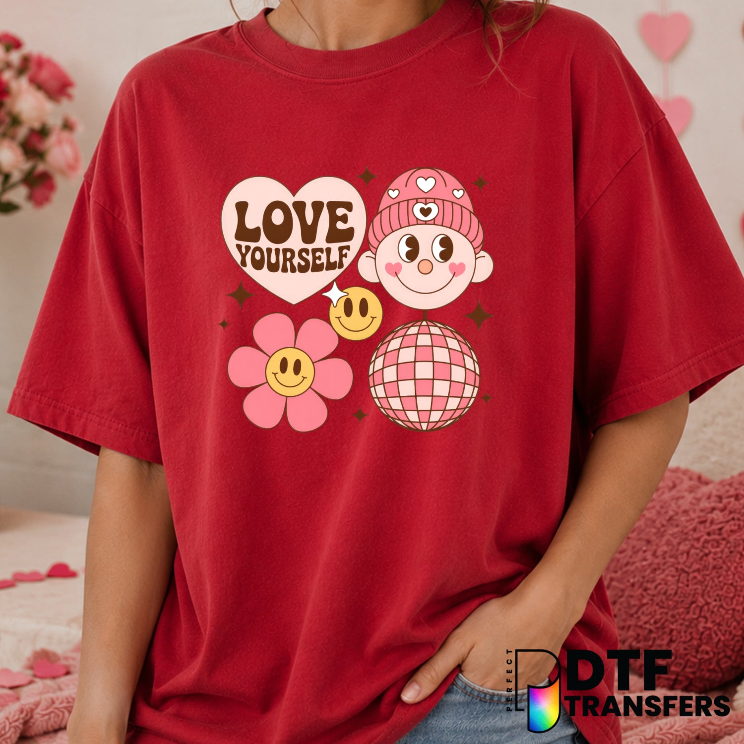 Love Yourself Disco Retro Floral Valentine's Day – DTF Transfer (view 2 of 2) – by Perfect DTF Transfers – Premade DTF Tra...