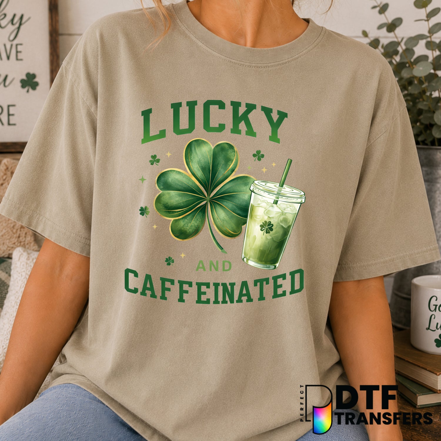 LUCKY and CAFFEINATED – St. Patrick's Day DTF Transfer (view 1 of 2) – by Perfect DTF Transfers – Premade DTF Transfers –...