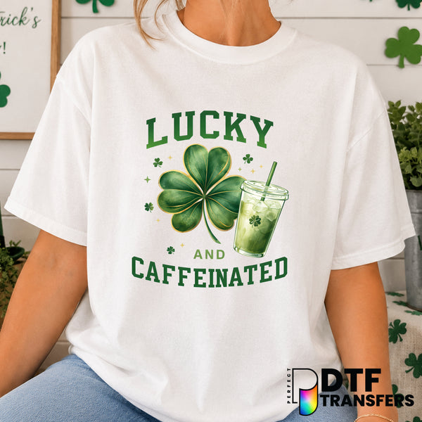 LUCKY and CAFFEINATED – St. Patrick's Day DTF Transfer (view 2 of 2) – by Perfect DTF Transfers – Premade DTF Transfers –...