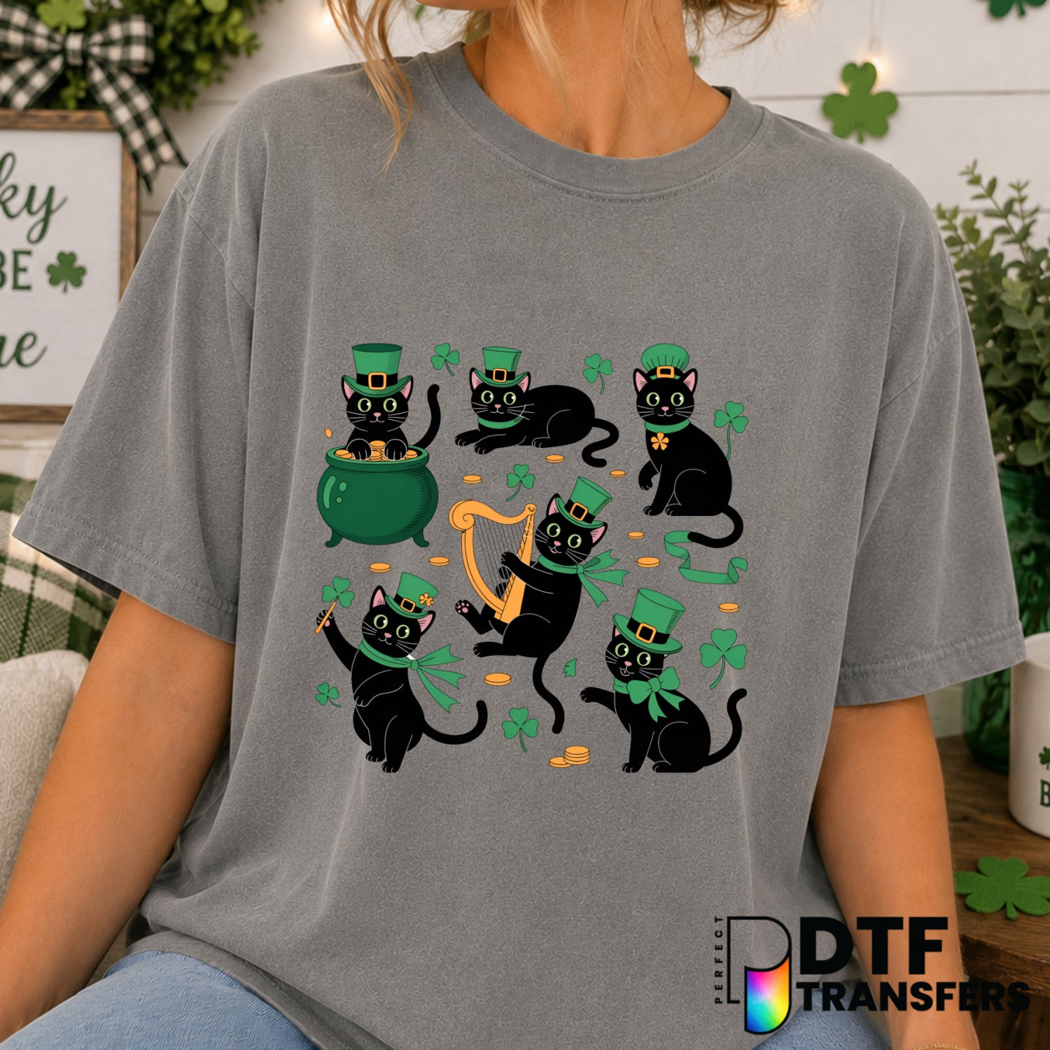Lucky Black Cat Coquette – St. Patrick's Day DTF Transfer (view 1 of 2) – by Perfect DTF Transfers – Premade DTF Transfers...